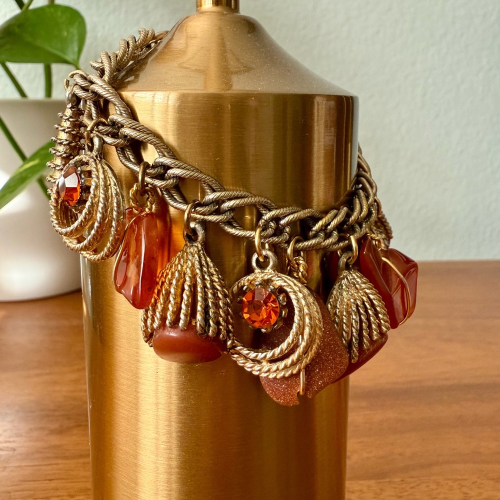 Vintage MCM Dangling Charm Bracelet Chunky Orange Rhinestones Goldstone 60’s - Picture 3 of 10